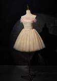 Ndyad A-line tulle sequin short prom dress, champagne sweet 16 dress HZ1024