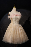 Ndyad A-line tulle sequin short prom dress, champagne sweet 16 dress HZ1024