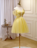 Ndyad A-line tulle lace short prom dress, yellow homecoming dress HZ1024