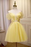 Ndyad A-line tulle lace short prom dress, yellow homecoming dress HZ1024