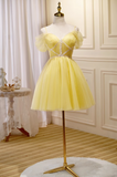 Ndyad A-line tulle lace short prom dress, yellow homecoming dress HZ1024