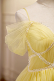 Ndyad A-line tulle lace short prom dress, yellow homecoming dress HZ1024