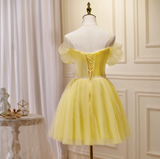 Ndyad A-line tulle lace short prom dress, yellow homecoming dress HZ1024