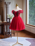 Ndyad A-line tulle short prom dress, red bridesmaid dress HZ1024