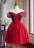 Ndyad A-line tulle short prom dress, red bridesmaid dress HZ1024