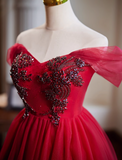 Ndyad A-line tulle short prom dress, red bridesmaid dress HZ1024