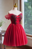 Ndyad A-line tulle short prom dress, red bridesmaid dress HZ1024