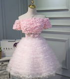 Evafashion A-line off-the-shoulder tulle short prom dress, pink bridesmaid dress HZ1024