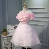 Evafashion A-line off-the-shoulder tulle short prom dress, pink bridesmaid dress HZ1024