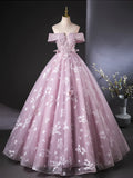 Ndyad Off Shoulder Tulle Lace Pink Long Prom Dress, Pink Long Formal Dress HZ1024