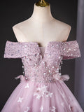 Ndyad Off Shoulder Tulle Lace Pink Long Prom Dress, Pink Long Formal Dress HZ1024
