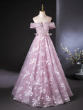 Ndyad Off Shoulder Tulle Lace Pink Long Prom Dress, Pink Long Formal Dress HZ1024