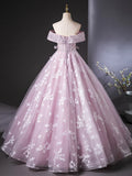 Ndyad Off Shoulder Tulle Lace Pink Long Prom Dress, Pink Long Formal Dress HZ1024