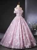 Ndyad Off Shoulder Tulle Lace Pink Long Prom Dress, Pink Long Formal Dress HZ1024
