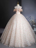 Ndyad Off Shoulder Tulle Lace Champagne Long Prom Dress, Champagne Formal Dress HZ1024
