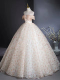 Ndyad Off Shoulder Tulle Lace Champagne Long Prom Dress, Champagne Formal Dress HZ1024