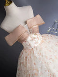 Ndyad Off Shoulder Tulle Lace Champagne Long Prom Dress, Champagne Formal Dress HZ1024