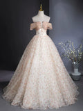 Ndyad Off Shoulder Tulle Lace Champagne Long Prom Dress, Champagne Formal Dress HZ1024