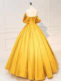 Ndyad Off Shoulder Satin Yellow Long Prom Dress, Yellow Long Formal Dress HZ1024