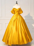 Ndyad Off Shoulder Satin Yellow Long Prom Dress, Yellow Long Formal Dress HZ1024
