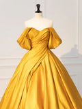Ndyad Off Shoulder Satin Yellow Long Prom Dress, Yellow Long Formal Dress HZ1024
