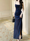 Ndyad silk slim suspender dress, blue party dress HZ1024