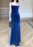 Ndyad silk slim suspender dress, blue party dress HZ1024