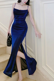 Ndyad silk slim suspender dress, blue party dress HZ1024