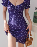 Ndyad floral square neck puff sleeve A-line short dress HZ1024