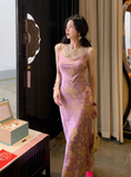 Ndyad Smoke Gilded Chinese Style New Chinese Satin Large U-neck Waisted Suspender Long Skirt for Women HZ1024