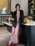Ndyad Smoke Gilded Chinese Style New Chinese Satin Large U-neck Waisted Suspender Long Skirt for Women HZ1024
