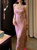 Ndyad Smoke Gilded Chinese Style New Chinese Satin Large U-neck Waisted Suspender Long Skirt for Women HZ1024