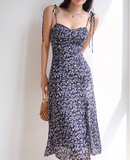 Ndyad retro navy blue floral slit suspender dress HZ1024