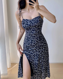 Ndyad retro navy blue floral slit suspender dress HZ1024