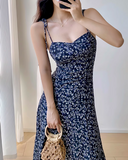 Ndyad retro navy blue floral slit suspender dress HZ1024