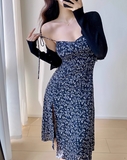 Ndyad retro navy blue floral slit suspender dress HZ1024