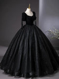 Ndyad Tulle Velvet Sequin Black Long Prom Dress, Black Long Evening Dress HZ1024