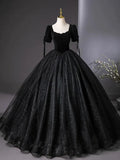 Ndyad Tulle Velvet Sequin Black Long Prom Dress, Black Long Evening Dress HZ1024