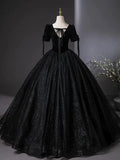 Ndyad Tulle Velvet Sequin Black Long Prom Dress, Black Long Evening Dress HZ1024