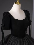 Ndyad Tulle Velvet Sequin Black Long Prom Dress, Black Long Evening Dress HZ1024