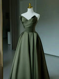 Ndyad V Neck Satin Green Long Prom Dress, Green Long Formal Dress HZ1024