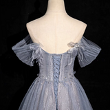 Ndyad blue A-line sweetheart neck tulle sequined long prom dress, gray blue evening dress HZ1024