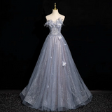 Ndyad blue A-line sweetheart neck tulle sequined long prom dress, gray blue evening dress HZ1024