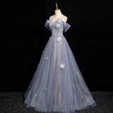 Ndyad blue A-line sweetheart neck tulle sequined long prom dress, gray blue evening dress HZ1024