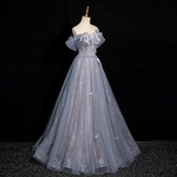 Ndyad blue A-line sweetheart neck tulle sequined long prom dress, gray blue evening dress HZ1024