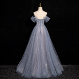 Ndyad blue A-line sweetheart neck tulle sequined long prom dress, gray blue evening dress HZ1024