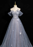 Ndyad blue A-line sweetheart neck tulle sequined long prom dress, gray blue evening dress HZ1024