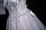 Ndyad blue A-line sweetheart neck tulle sequined long prom dress, gray blue evening dress HZ1024