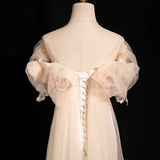 Evafashion A-line off-the-shoulder satin tulle long prom dress, off-white formal dress HZ1024