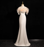 Evafashion A-line off-the-shoulder satin tulle long prom dress, off-white formal dress HZ1024